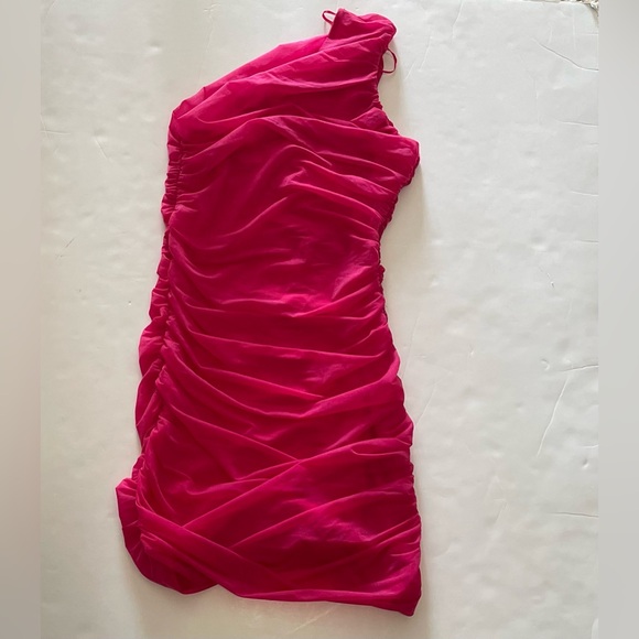 ZARA Pink Ruched One Shoulder Organza Asymmetrical Mini Dress - Picture 8 of 9